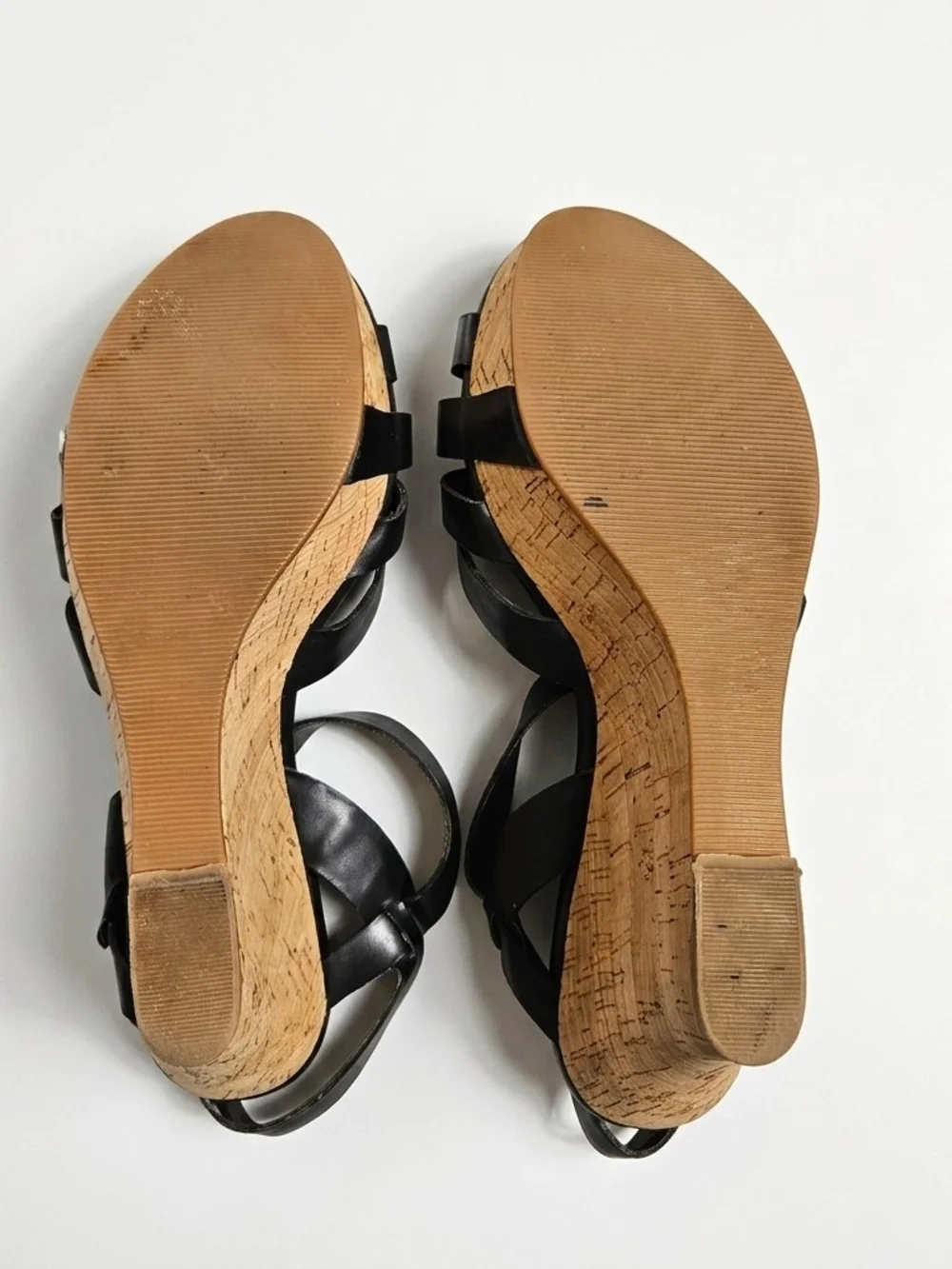 Guess Black Strappy Cork Platform Wedge Sandals Silver G Logo Size 8